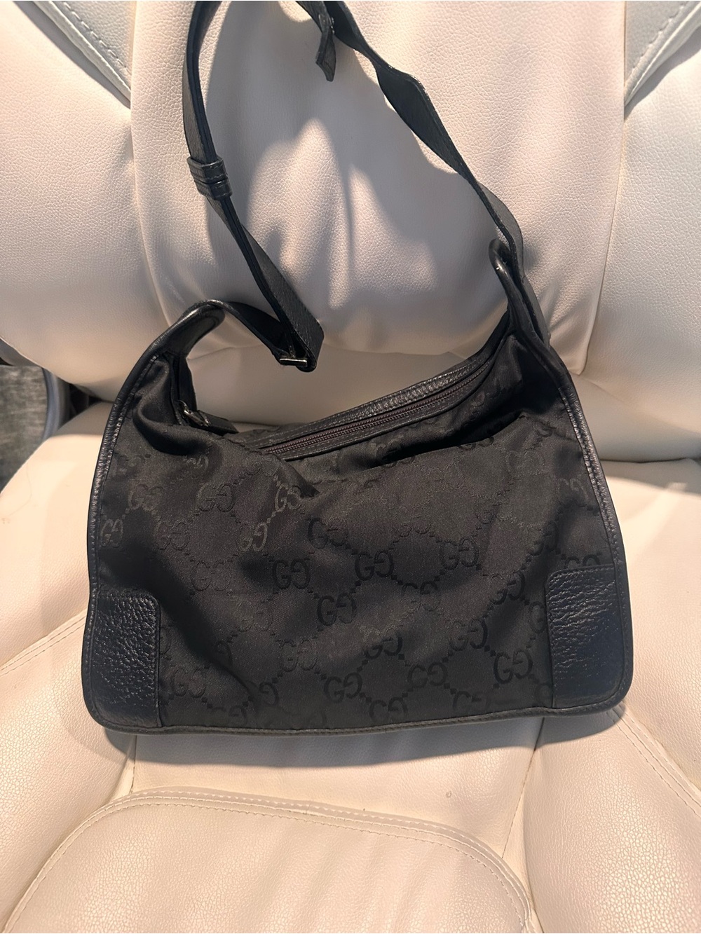 Gucci Black GG Monogram Canvas Shoulder Bag with Leather Trim